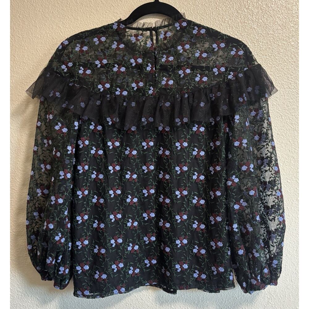 Pearl By Lela Rose Floral Embroidered Tulle Flounce Blouse Ruffled Sheer Size S - Picture 3 of 9